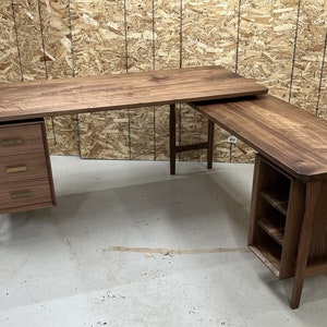 L Shaped Desk, Mid Century Modern Desk, Corner Desk Solid Wood 70", Modern Walnut Desk With Storage, Rustic Modern, Computer Desk, Office