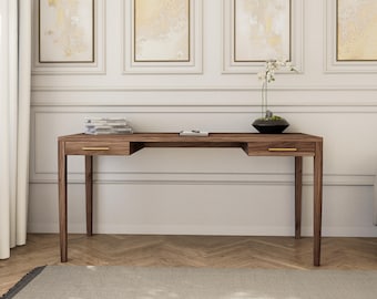 Mid-Century Modern Style Desk with Drawers in Solid Walnut