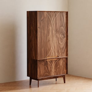 Wet bar cabinet with storage in solid walnut wood Mcm credenza sideboard buffet Modern home bar display Tall Narrow Bar Cabinet image 3