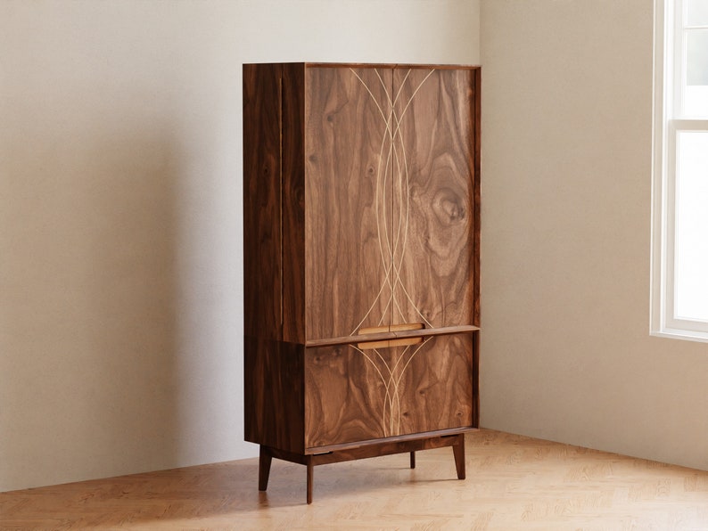 Wet bar cabinet with storage in solid walnut wood Mcm credenza sideboard buffet Modern home bar display Tall Narrow Bar Cabinet image 3