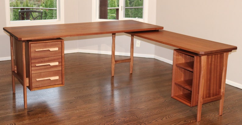 L Shaped Desk, Mid Century Modern Desk, Mahogany Wood L Desk, Executive Desk, Corner Desk With Drawers, Solid Wood Office Desk, Large Desk image 2