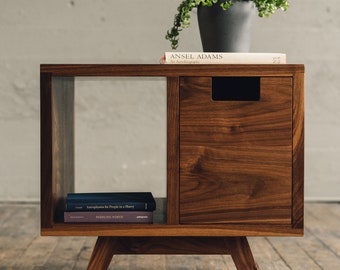 Walnut Nightstand, Walnut Side Table, Mid Century Nightstand, Wood Side Table, Mid Century End Table, Wood Record Stand, Vinyl Storage