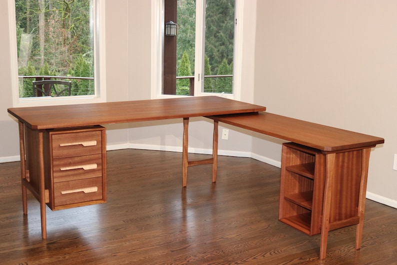 L Shaped Desk, Mid Century Modern Desk, Mahogany Wood L Desk, Executive Desk, Corner Desk With Drawers, Solid Wood Office Desk, Large Desk image 1