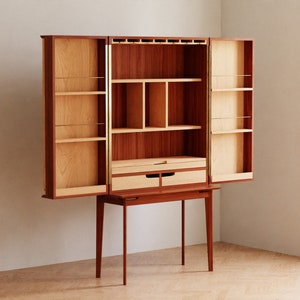 Liquor Bar Cabinet With Doors in Solid Mahogany and Maple Wood