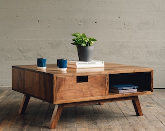 Coffee Table With Storage, Square Coffee Table, Walnut Coffee Table, Mid Century Modern Coffee Table, Solid Hardwood Table With Storage, Mcm