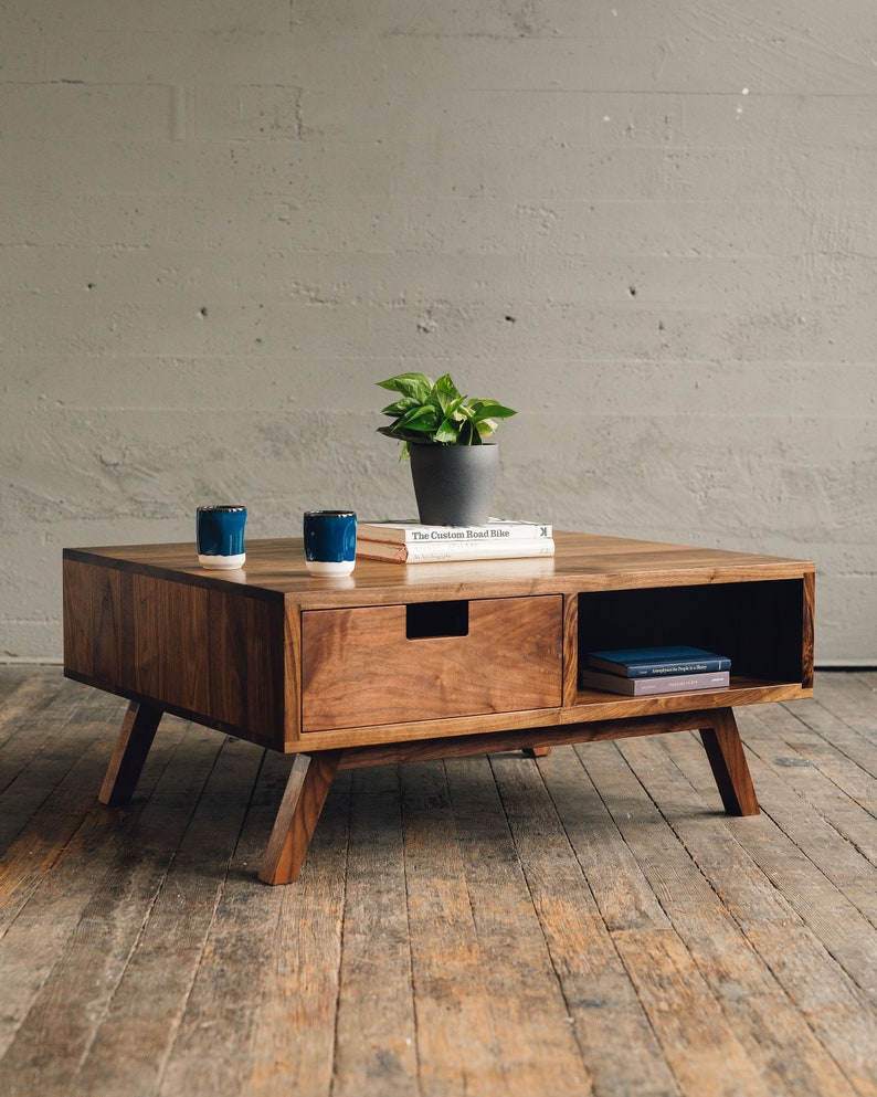 Coffee Table With Storage, Square Coffee Table, Walnut Coffee Table, Mid Century Modern Coffee Table, Solid Hardwood Table With Storage, Mcm image 1