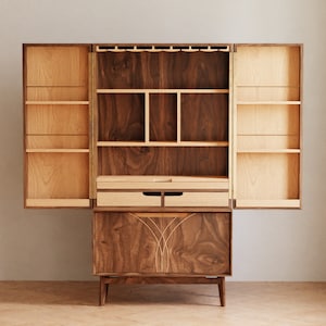 Wet bar cabinet with storage in solid walnut wood Mcm credenza sideboard buffet Modern home bar display Tall Narrow Bar Cabinet image 1