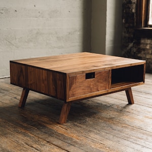 Coffee Table With Storage, Square Coffee Table, Walnut Coffee Table, Mid Century Modern Coffee Table, Solid Hardwood Table With Storage, Mcm image 2