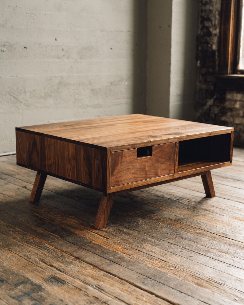 Coffee Table With Storage, Square Coffee Table, Walnut Coffee Table, Mid Century Modern Coffee Table, Solid Hardwood Table With Storage, Mcm image 2