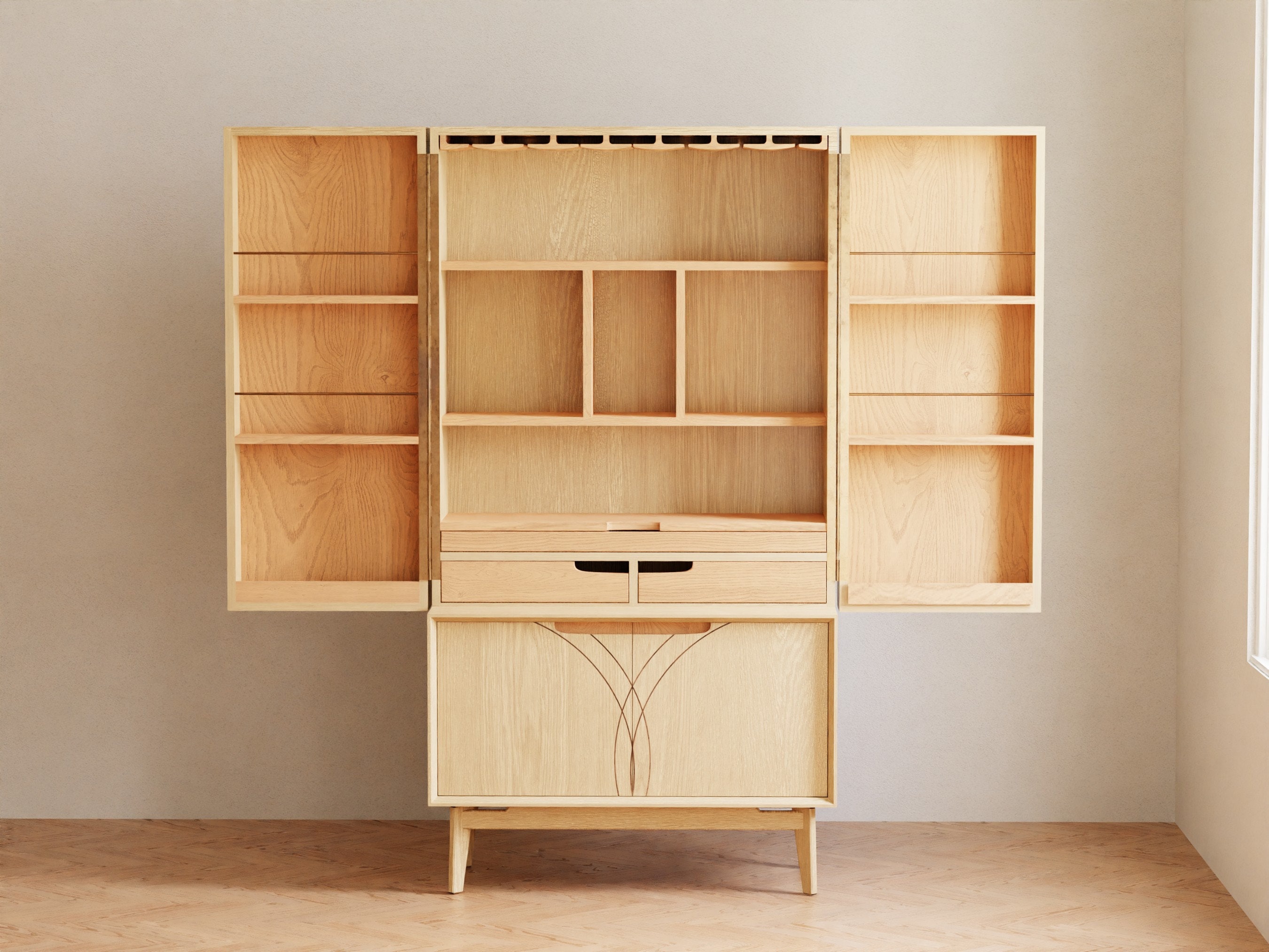 Bar Mid Century Modern With Wine Storage in White Oak and Maple