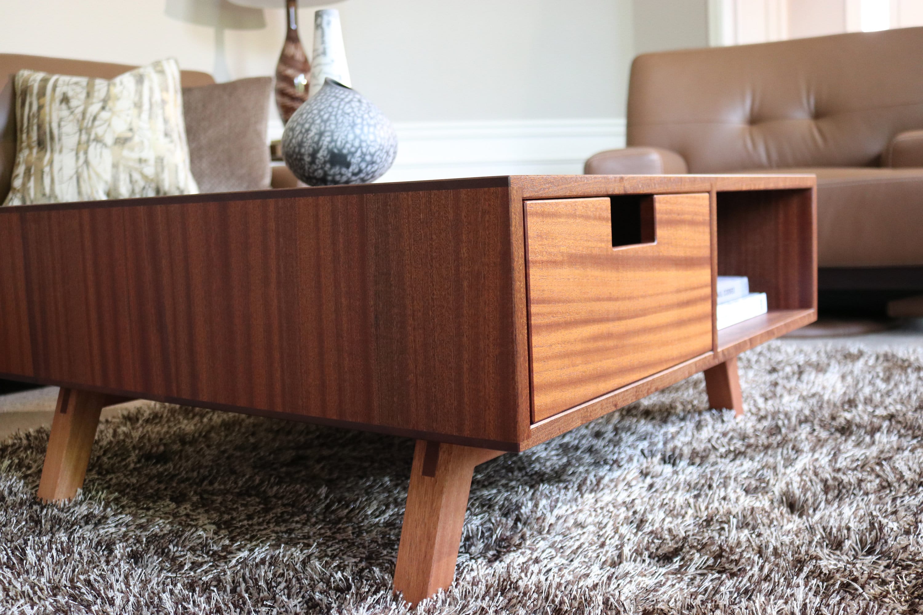 Square Coffee Table With Storage Mcm Low Wood Table Mid Century Modern ...
