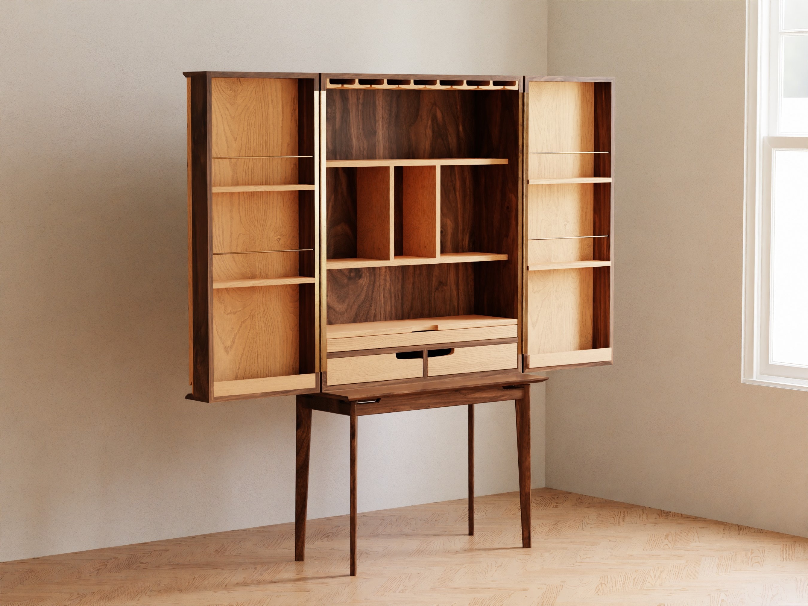 Bar Cabinet Mid Century Modern Style in Solid Walnut With Maple Wood Accent Etsy