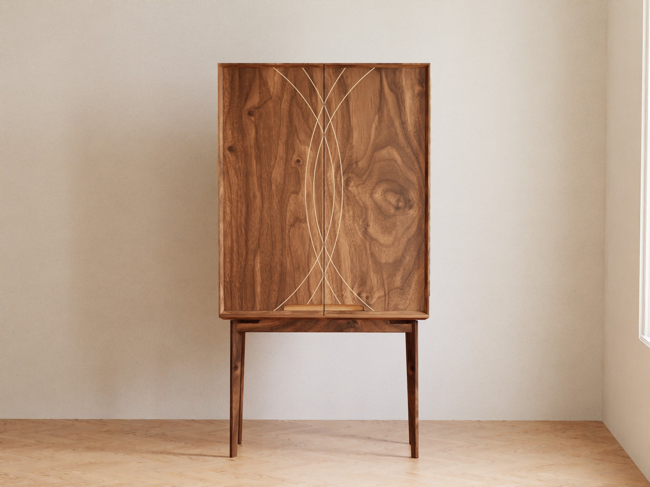 Bar Mid Century Modern in Solid Walnut and Maple Wood Credenza