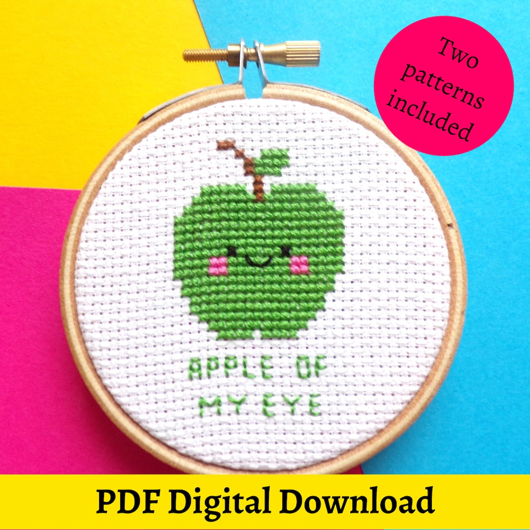 Kawaii Green Apple Mini Cross Stitch Design, Fruit Cross Stitch Pattern