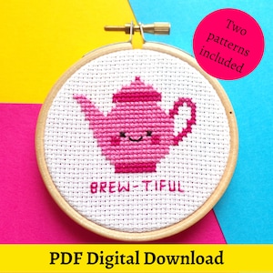 Kawaii Teapot Mini Cross Stitch Design, Teapot Cross Stitch Pattern, Teapot Pun Cross Stitch, Positive Cross Stitch Designs,