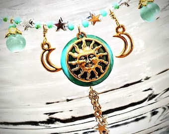 Sun Face Necklace/Celestial Pendant/Celestial Necklace/Sun, Moon, and Stars Necklace/Sun Face Pendant/Sun and Moon Necklace/Moon and Stars