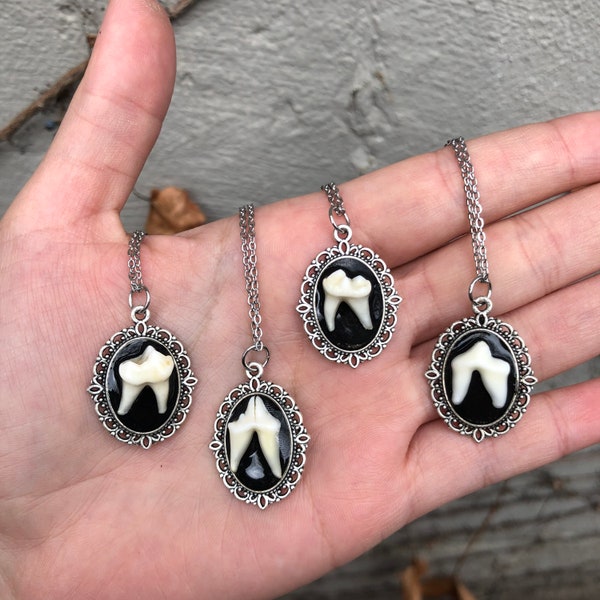 Cameo Tooth Necklace real bone jewelry baroque gothic taxidermy vulture culture Victorian mourning jewelry oddities and curiosities