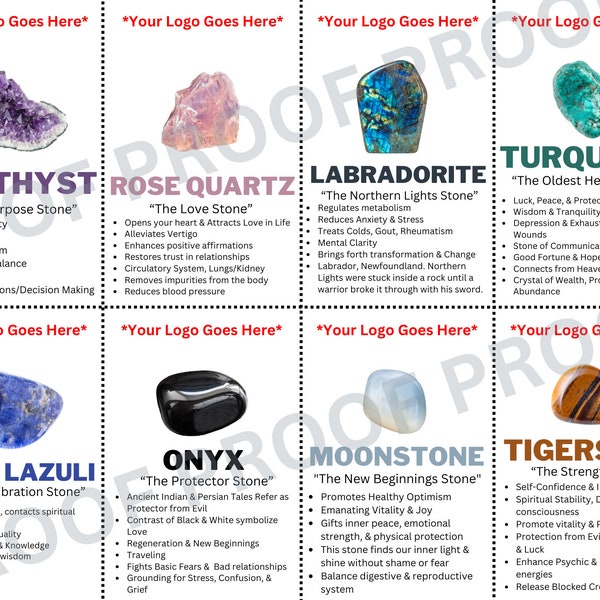 CRYSTAL & GEMSTONE CARDS - Shows Healing Properties and Space for Personal Logo