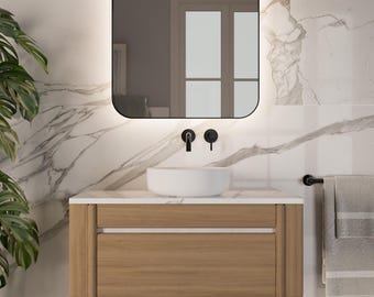 Natural wood bathroom cabinet with integrated sink | Minimalist modern vanity | Elegant bathroom storage