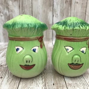 Celery Head Anthropomorphic Vintage Salt and Pepper Shaker Set