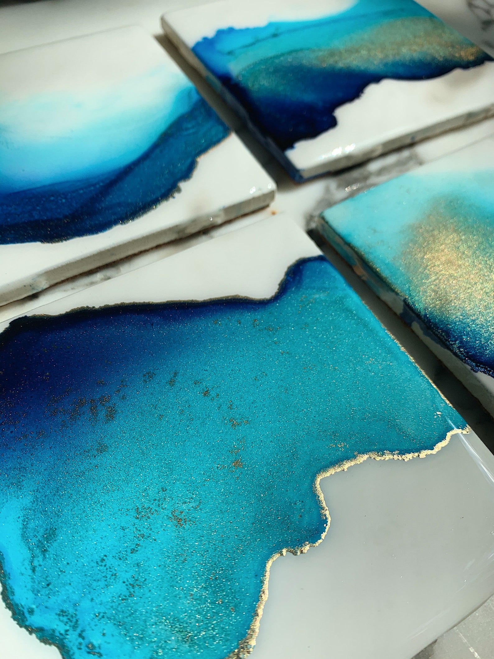 Blue & Gold Square Ceramic Coaster W. Cork Backing Set of 4 Etsy