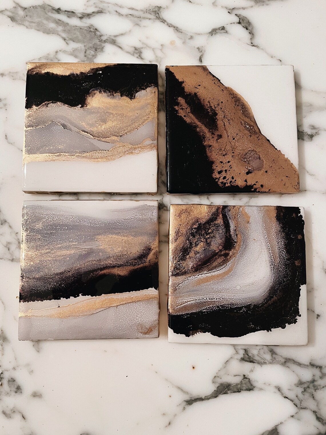 Black &Gold Square Ceramic Coaster Cork Backing Set of 4 /Abstract Art