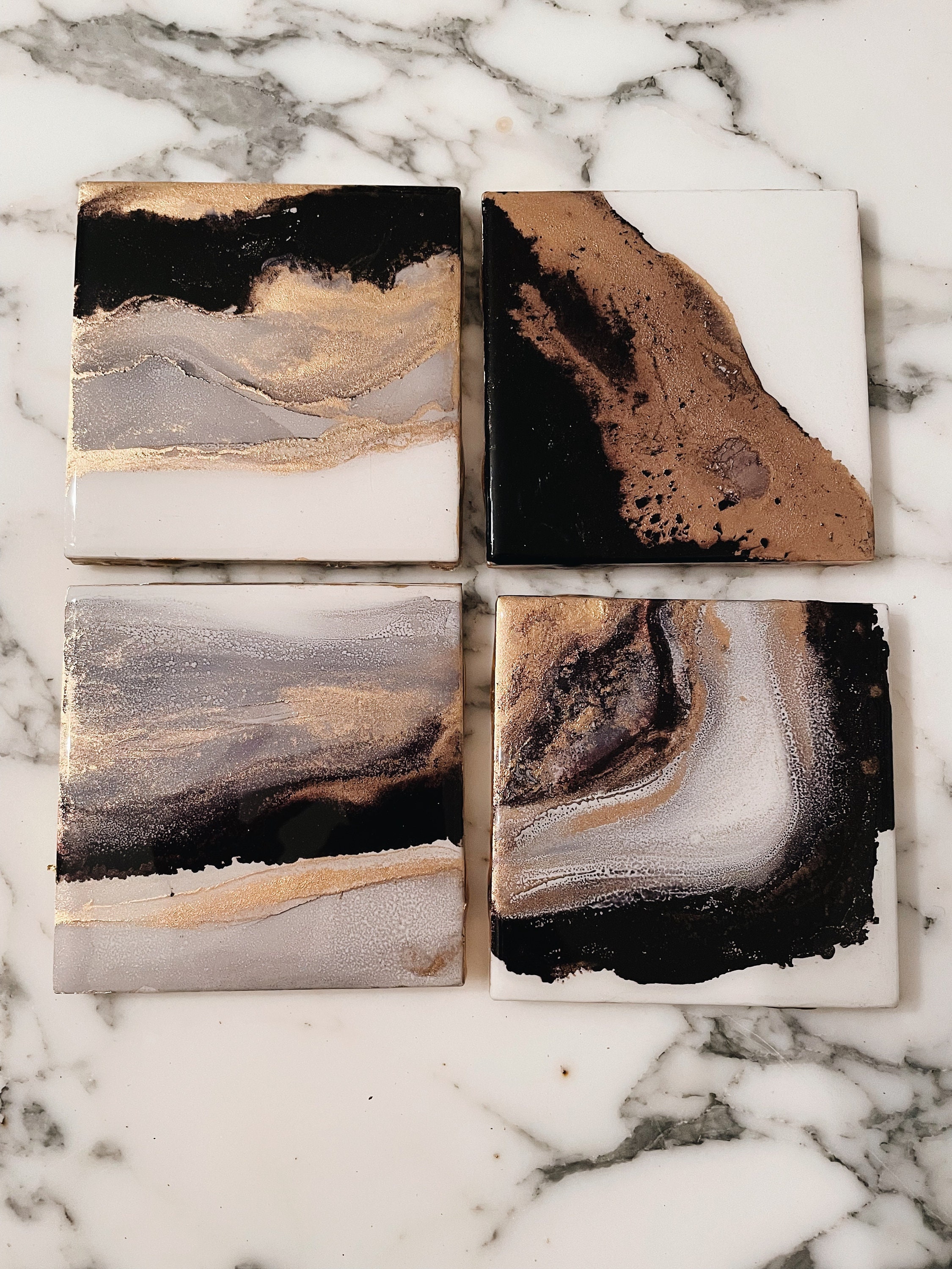 Black &Gold Square Ceramic Coaster Cork Backing Set of 4 /Abstract Art