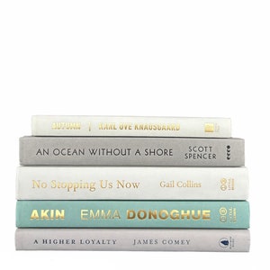 May include: A stack of five books with white, gray, and light blue covers. The titles are "Autumn", "An Ocean Without a Shore", "No Stopping Us Now", "Akin", and "A Higher Loyalty".