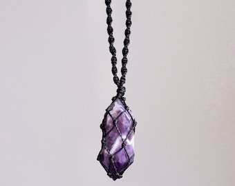 Chevron Amethyst Necklace, Macrame Crystal Necklace, Wrapped Crystal, Waterproof, Amethyst Macrame Necklace