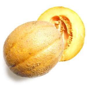 May include: A whole cantaloupe melon and a half-cut cantaloupe melon on a white background. The melons have a textured, light brown rind and a bright orange interior with seeds. The cut melon reveals the juicy flesh.