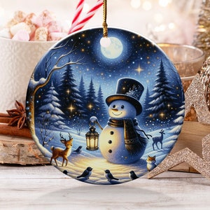 Christmas  Ornament, Christmas Decoration, Holiday Gift,Heirloom Keepsake, Round Ceramic, Gift Exchange, Gift Idea, Snowman