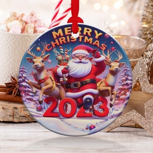 Christmas  Ornament, Christmas Decoration,Holiday Gift,Heirloom Keepsake, Round Ceramic, Gift Exchange, Gift Idea, Santa Claus Xmas