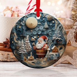 Christmas  Ornament,Christmas Decoration,Holiday Gift,Heirloom Keepsake,Round Ceramic,Gift Exchange,Gift Idea, Santa In Village