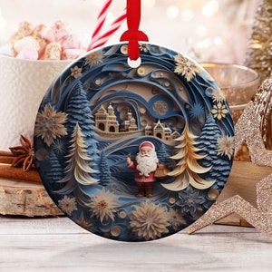 Christmas  Ornament,Christmas Decoration,Holiday Gift,Heirloom Keepsake,Round Ceramic,Gift Exchange,Gift Idea, Santa In Village