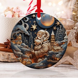 Christmas  Ornament,Christmas Decoration,Holiday Gift,Heirloom Keepsake,Round Ceramic,Gift Exchange,Gift Idea, Santa In Village