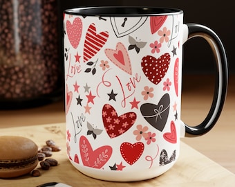 Love Pattern Mug, Hearts and Stars Coffee Cup, Romantic Gift, Cozy Drinkware, Red and Black