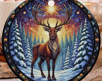 Majestic Reindeer Ornament, Winter Forest Scene, Holiday Decor, Wildlife Art Ornament, Christmas Tree Ornament