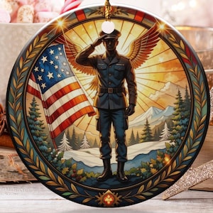 Patriotic Soldier Ornament, Winged Veteran Decor, American Flag Art, Military Gift Idea, Holiday Ornament, USA Pride Souvenir