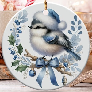 Winter Bird Ornament, Cute Bluebird Ornament, Christmas Ornament, Holiday Decor, Winter Decor, Bird with Santa Hat Ornament