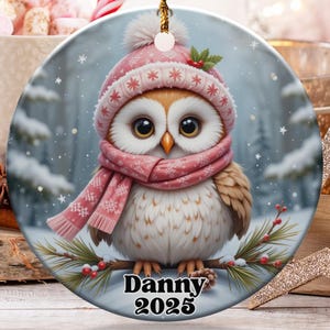 Cute Owl Ornament, Personalized Ornament, Winter Scene, Holiday Decoration, Gift for Her, Christmas Ornament, Custom Name Ornament