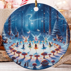 Whimsical Fairy Forest Ornament, Fantasy Woodland Scene, Enchanted Nature Decoration, Magical Mushroom Circle Art