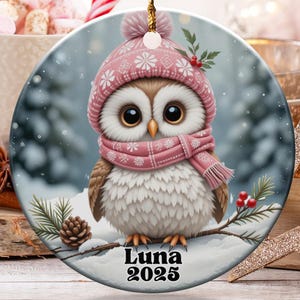 Personalized Owl Ornament, Cute Winter Hat Owl, Luna 2025 Ornament, Christmas Ornament, Gift for Owl Lover, Holiday Ornament, Keepsake Gift