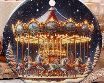 Decorazione a forma di cavallo da giostra, decorazione natalizia, decorazioni natalizie, scena innevata, decorazione invernale, decorazione unica, idea regalo, periodo natalizio