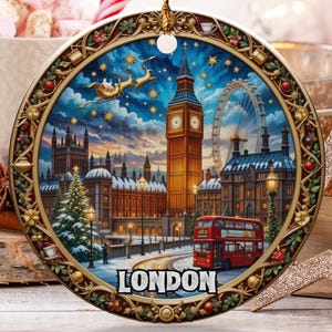 London Christmas Ornament, Santa Sleigh, Big Ben Ornament, London Eye, Travel Ornament, Red Bus Ornament, UK Souvenir, City Skyline