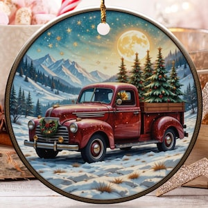 Red Truck Christmas Ornament, Vintage Truck Ornament, Holiday Ornament, Xmas Truck Ornament, Christmas Tree Ornament, Winter Scene Art