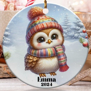 Cute Owl Winter Ornament,  Christmas Ornament, Custom Name Owl Decoration, Holiday Season Gift, Unique Animal Ornament