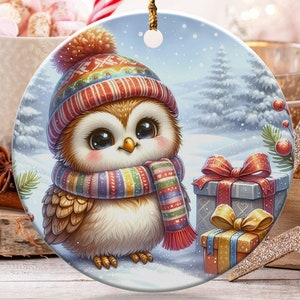 Enfeite de coruja festivo fofo, decoração de feriado de inverno, decoração adorável para árvore de Natal, cenário aconchegante de inverno, ideia de presente perfeita