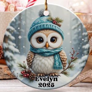 Personalized Winter Owl Ornament, Custom Name Year Ornament, Cute Snowy Owl Holiday Decor, Unique Christmas Gift, Keepsake Ornament