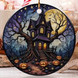 Halloween Haunted House Ornament, Spooky House Decor, Pumpkin Ornament, Stars and Moon Decor, Gothic Ornament, Halloween Tree Ornament