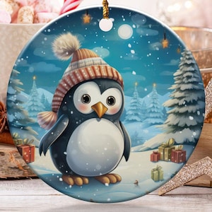 Cute Penguin Christmas Ornament, Winter Wonderland Animal Decoration, Holiday Gift Idea, Festive Penguin Decor, Snowy Forest Scene
